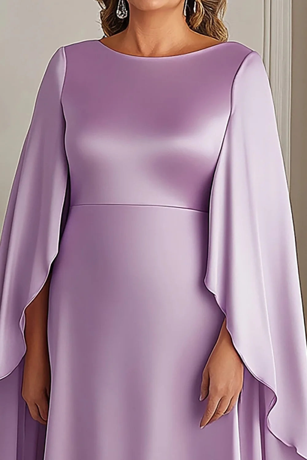 Lilac Boat Neck Satin Long Plus Size Mother of the Bride Dress